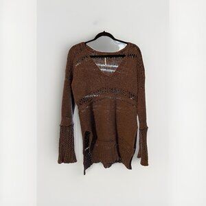 Free People Wool Alpaca BOHO Crochet Knit Pullover Sweater Mocha Moose Medium